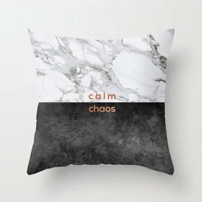 Square throw pillow case with gray marble top half and black agate textured lower half for living room decor