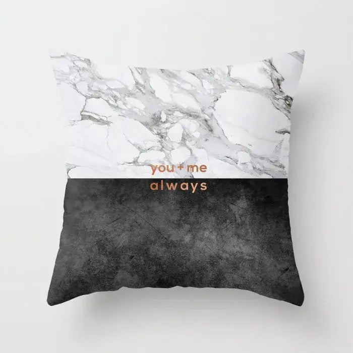 Square throw pillow case with gray marble top, black agate textured bottom, copper text you plus me always for living room decor