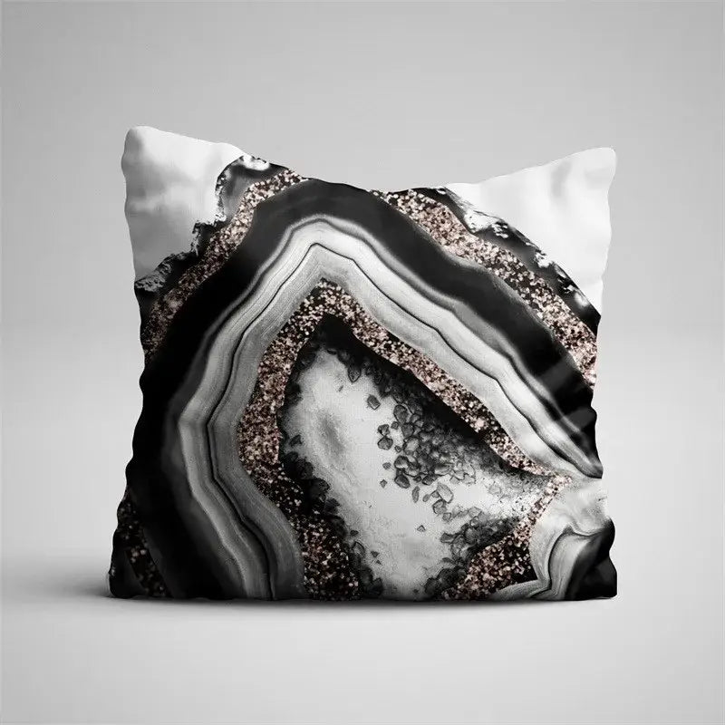 Square pillow case with black agate and gray marble design featuring rose gold glittery textures for living room decor