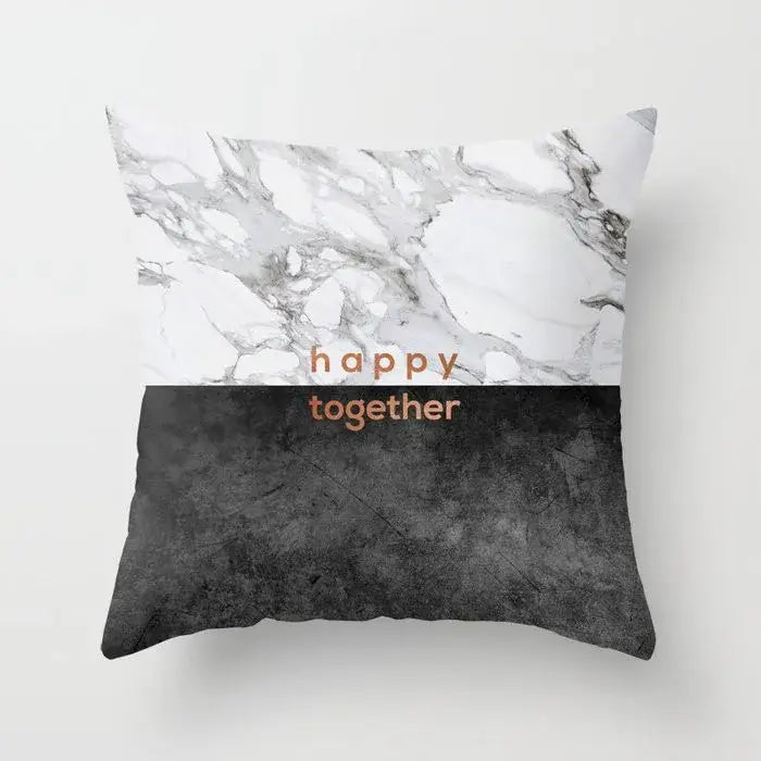Square throw pillow case with gray marble top half and black agate textured lower half for living room decor