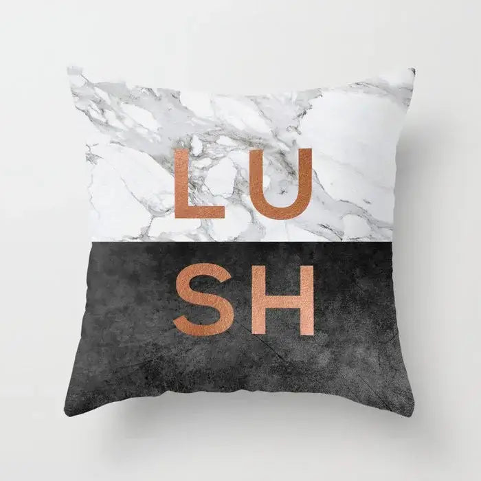 Gray marble and black agate pillow case with white marble top half and textured black bottom for living room decor