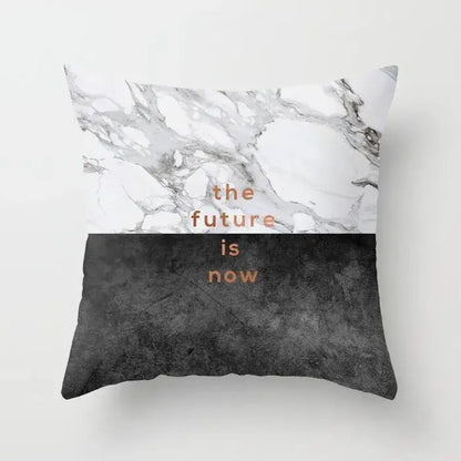 Square throw pillow case with gray marble top and black agate bottom featuring rose gold the future is now text