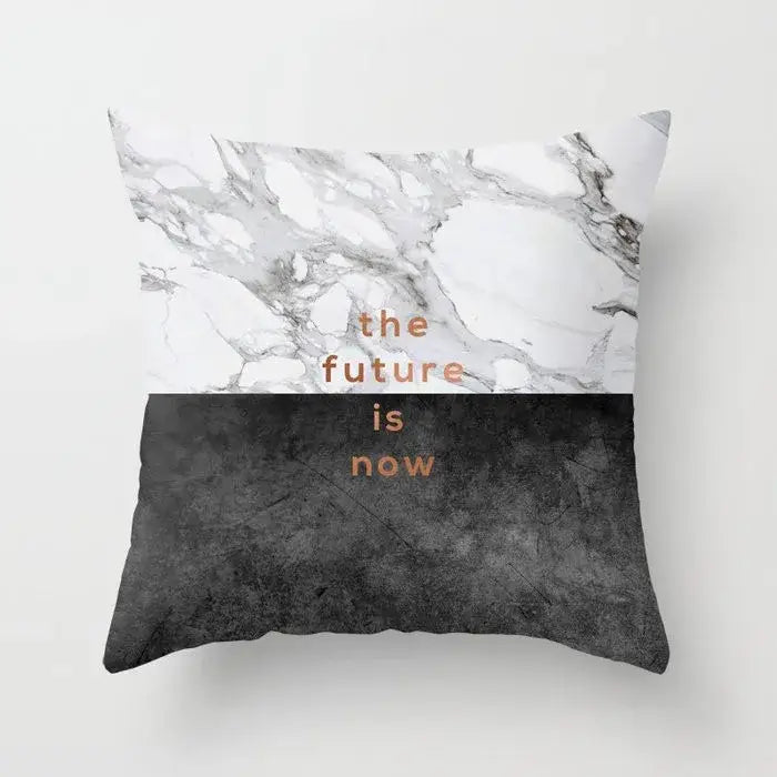 Square throw pillow case with gray marble top and black agate bottom featuring rose gold the future is now text