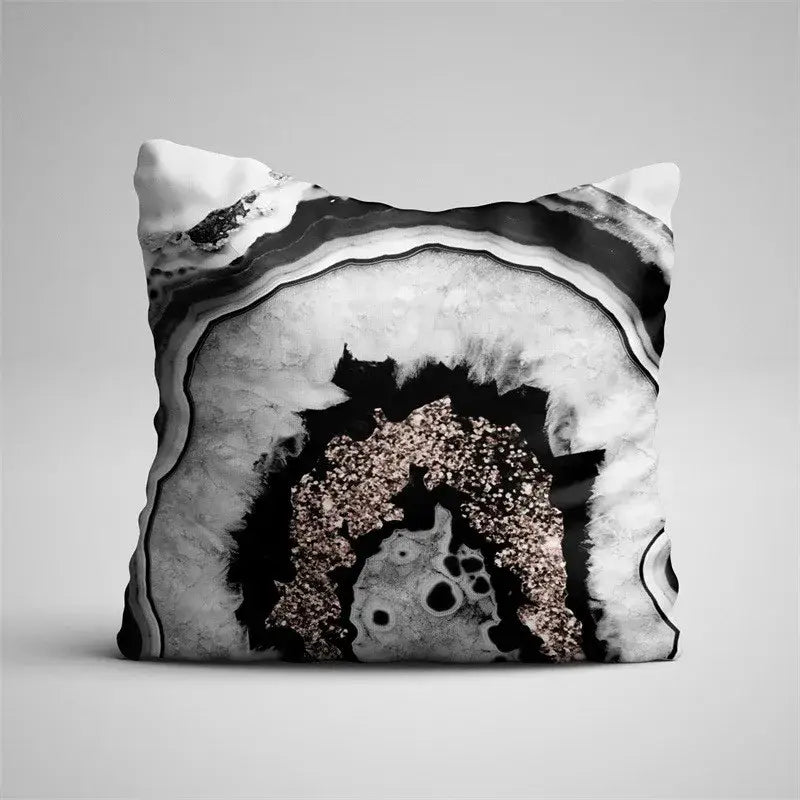 Black and white agate geode patterned pillow case with rose gold accents for gray marble and living room decor