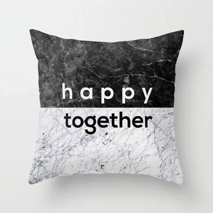 Black and white gray marble pillow case with black agate pattern and happy together text for living room decor