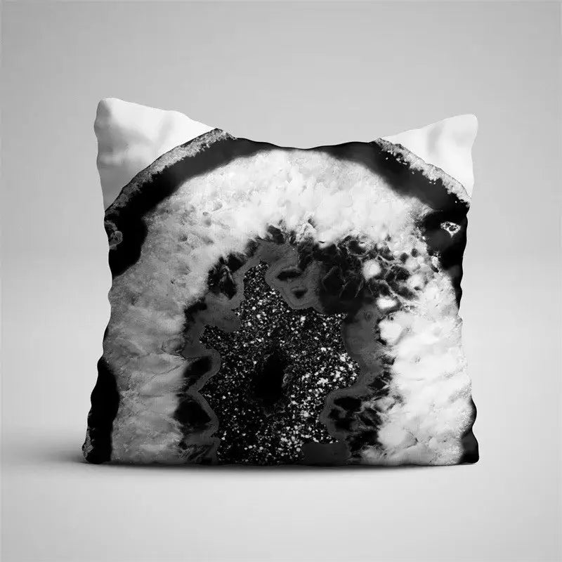 Black and white geode-themed pillow case with gray marble and black agate texture for living room decor