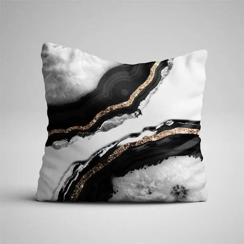 Black and white agate pillow case with gold glitter accents featuring gray marble design for living room decor