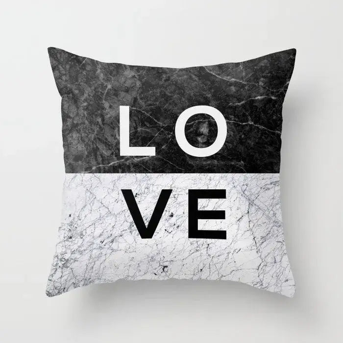 Black and white gray marble and black agate pillow case with love print for living room decor