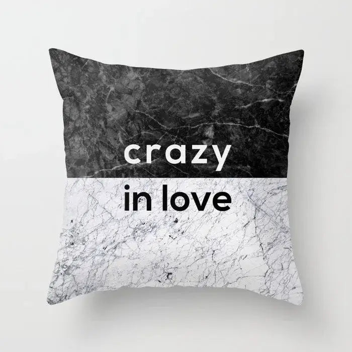 Black and white throw pillow case with gray marble and black agate pattern and crazy in love text for living room decor