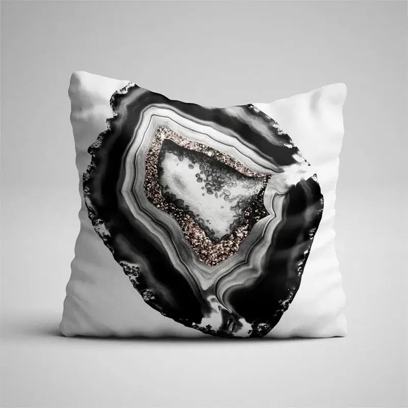 White throw pillow case featuring black agate and gray marble geode design with silver glittery accents for living room decor