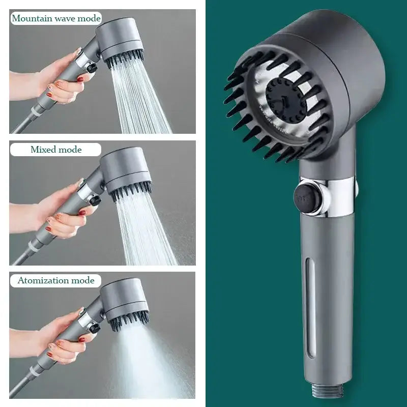 Gray metallic handheld shower head with 3 spray modes including mountain wave mixed mode and atomization settings