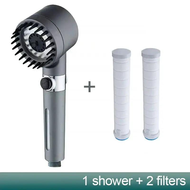 Gray metallic handheld shower head with black spray nozzles and chrome accent for a 3-mode bathroom spray