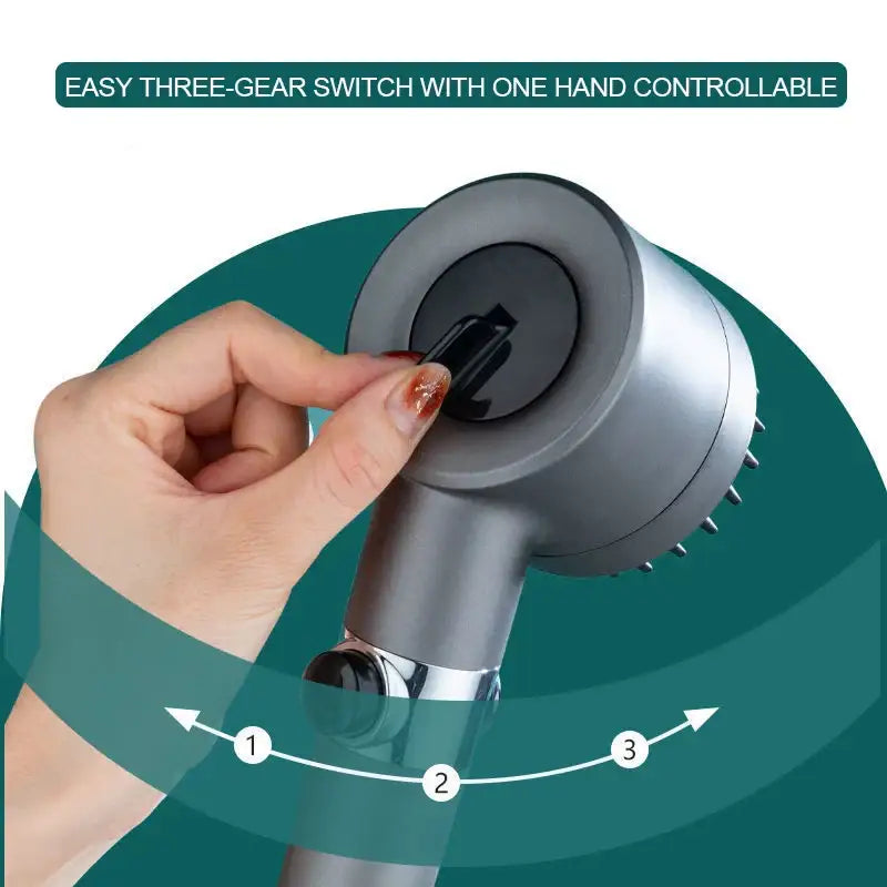 Gray metallic handheld shower head with sleek cylindrical design and easy three-gear switch for adjustable flow