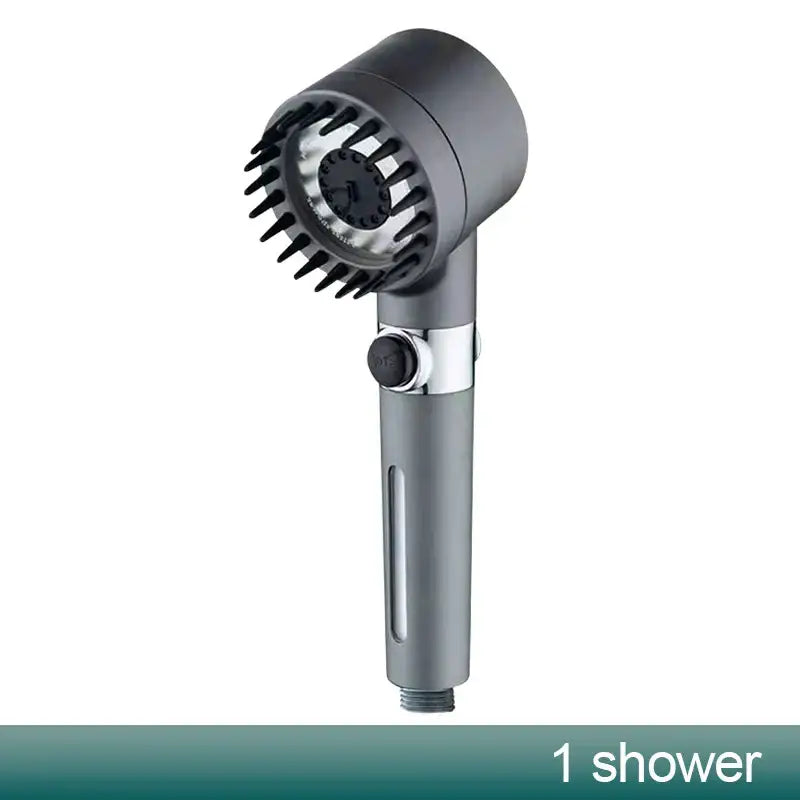 Gray metallic handheld shower head with circular spray face, black nozzles, and chrome accent band for bathroom use