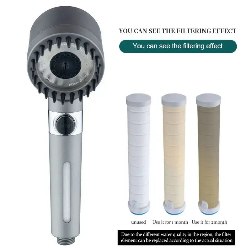 Gray metallic handheld shower head with silver body black spray nozzles and chrome accent button for bathroom use