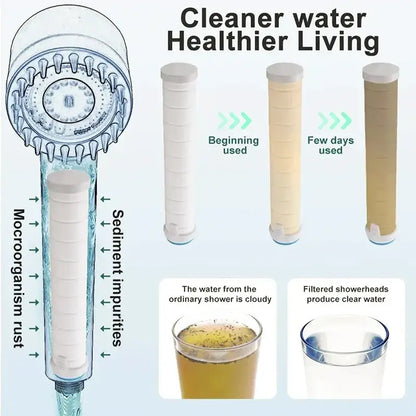 Gray metallic 3-mode handheld shower head with clear water filter and integrated cartridge in transparent housing