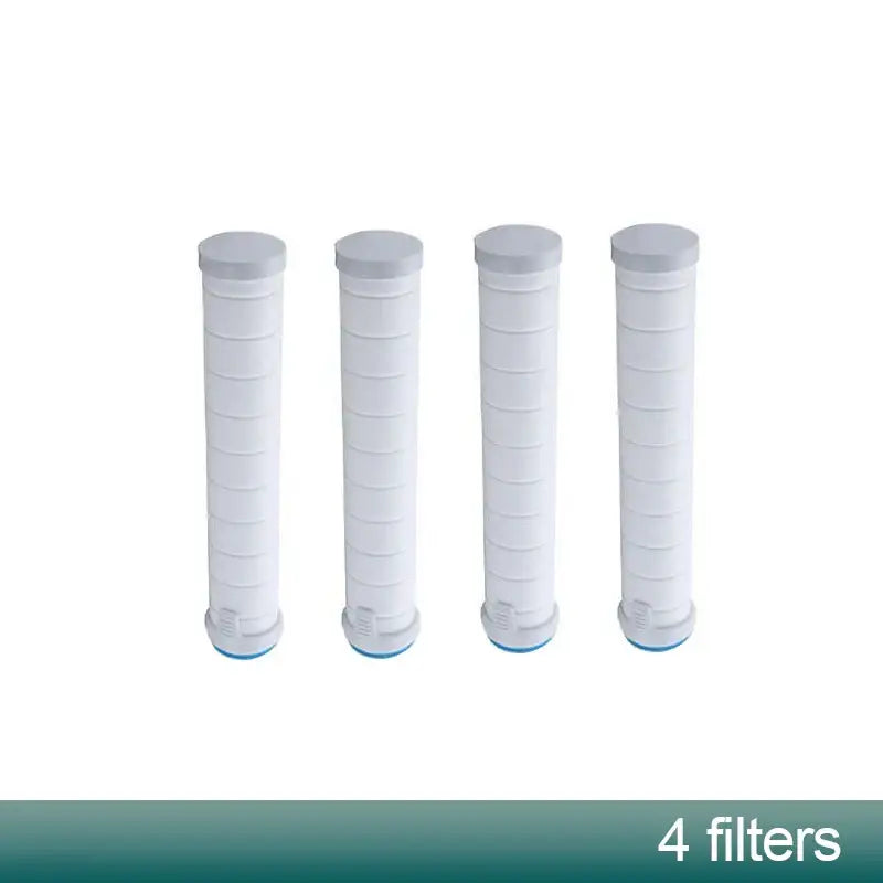Four white cylindrical water filters with gray tops and blue bases for gray metallic 3-mode handheld shower head spray nozzle