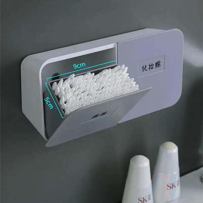 Gray plastic wall-mounted decorbites cotton swab holder organizer with peach compartment for bathroom use