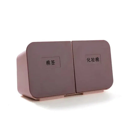 Pink dual-compartment plastic organizer with labeled sections for cotton pads and makeup wipes for decorbites cotton swab use