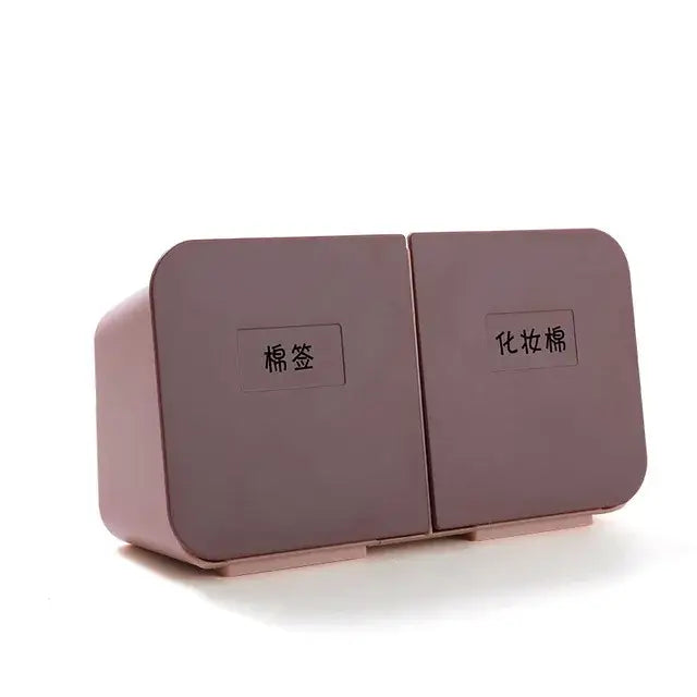 Pink dual-compartment plastic organizer with labeled sections for cotton pads and makeup wipes for decorbites cotton swab use