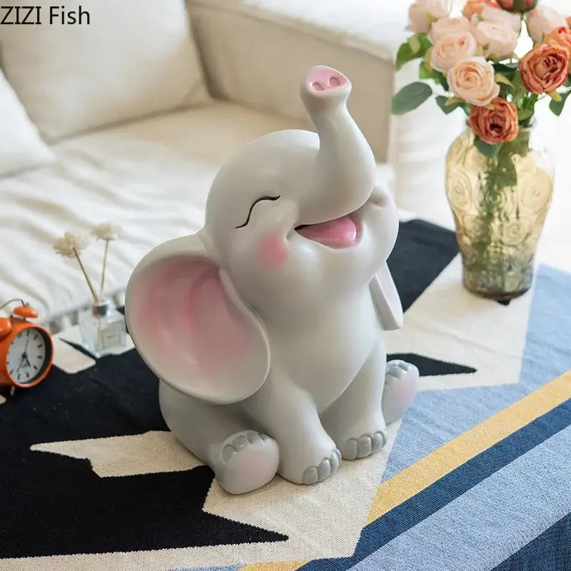 Cute gray ceramic elephant savings jar piggy with pink accents and smiling expression for nursery decor