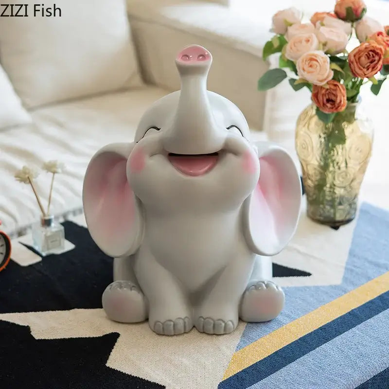 Gray and pink ceramic elephant savings jar piggy bank with cheerful design for nursery bedroom decor