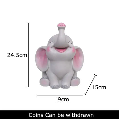 Cheerful gray and pink elephant savings jar piggy bank with smiling face for nursery bedroom decor