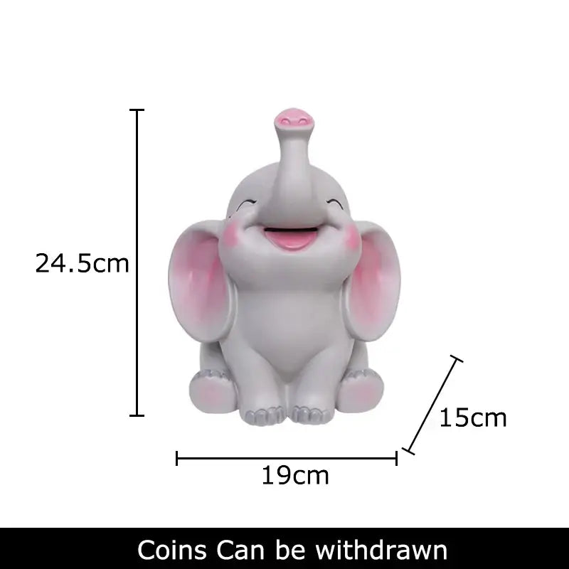 Cheerful gray and pink elephant savings jar piggy bank with smiling face for nursery bedroom decor