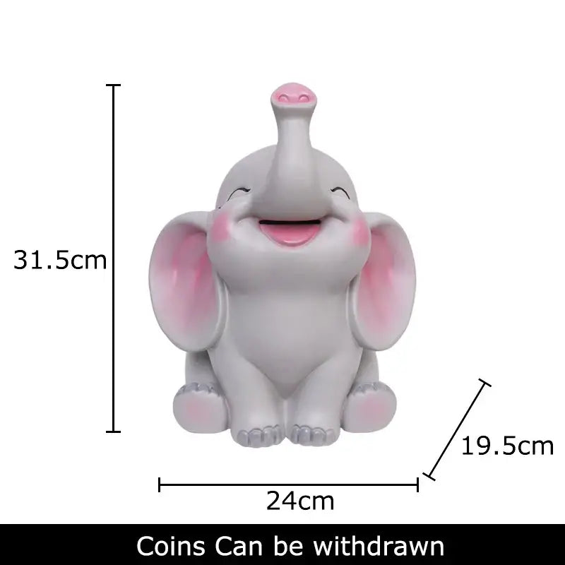 A cheerful gray and pink elephant savings jar piggy bank designed as a nursery bedroom decor coin bank