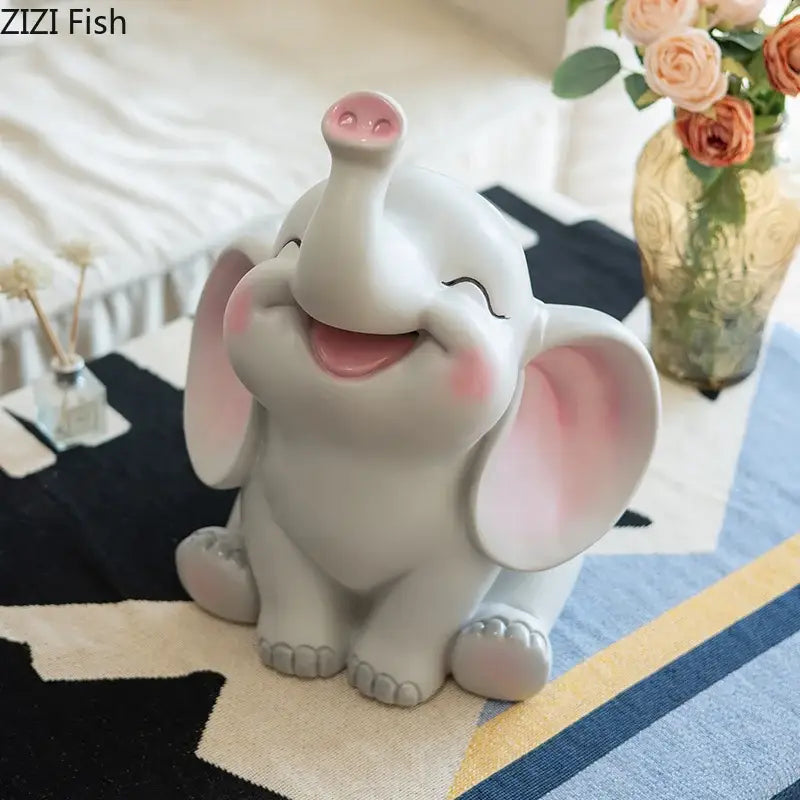 Cute gray ceramic elephant savings jar piggy bank with pink ears and blush cheeks for nursery bedroom decor