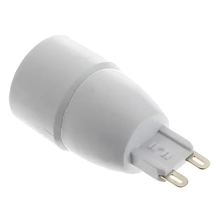 White g9 led bulb with sleek cylindrical design and metallic contacts shown with gray plastic e14 to g9 adapter converter led bulb holder