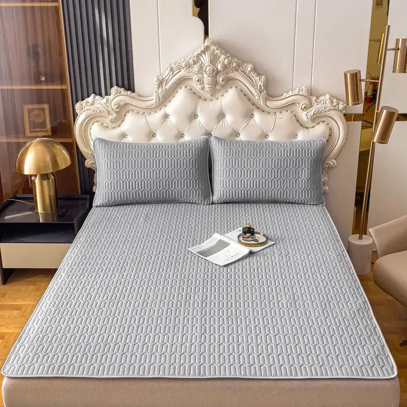 Light gray quilted cooling latex summer mat set with subtle geometric pattern for bedroom decorbites cooling latex