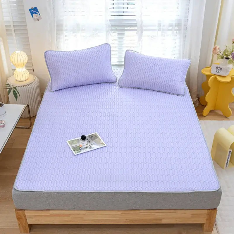 Light purple quilted cooling latex summer mattress pad with subtle wavy texture and gray border from decorbites mat set