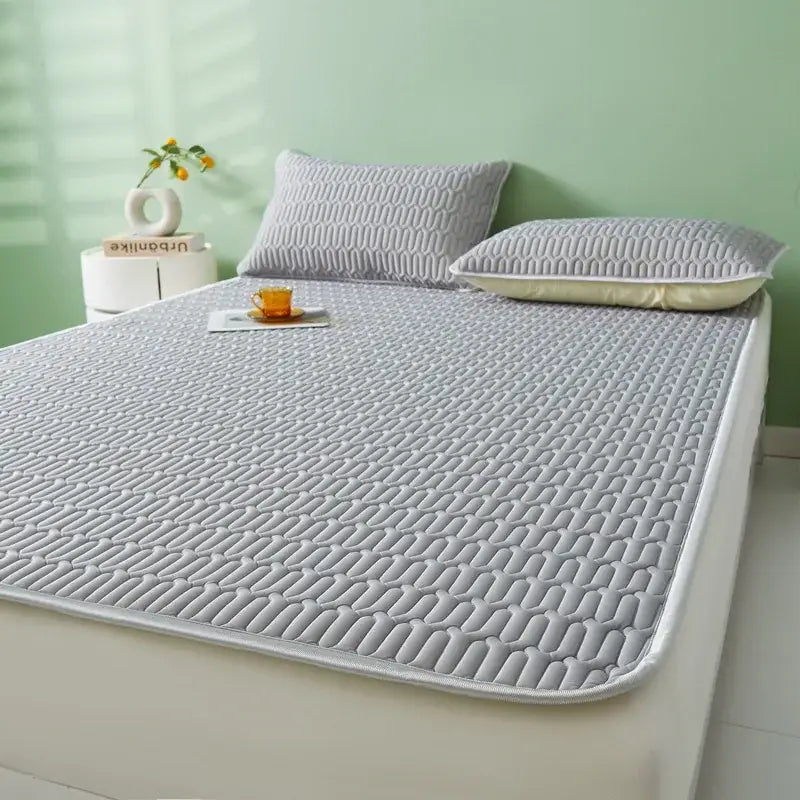 Gray quilted cooling latex summer mat set with textured pattern and white piping for decorbites cooling latex bed pad