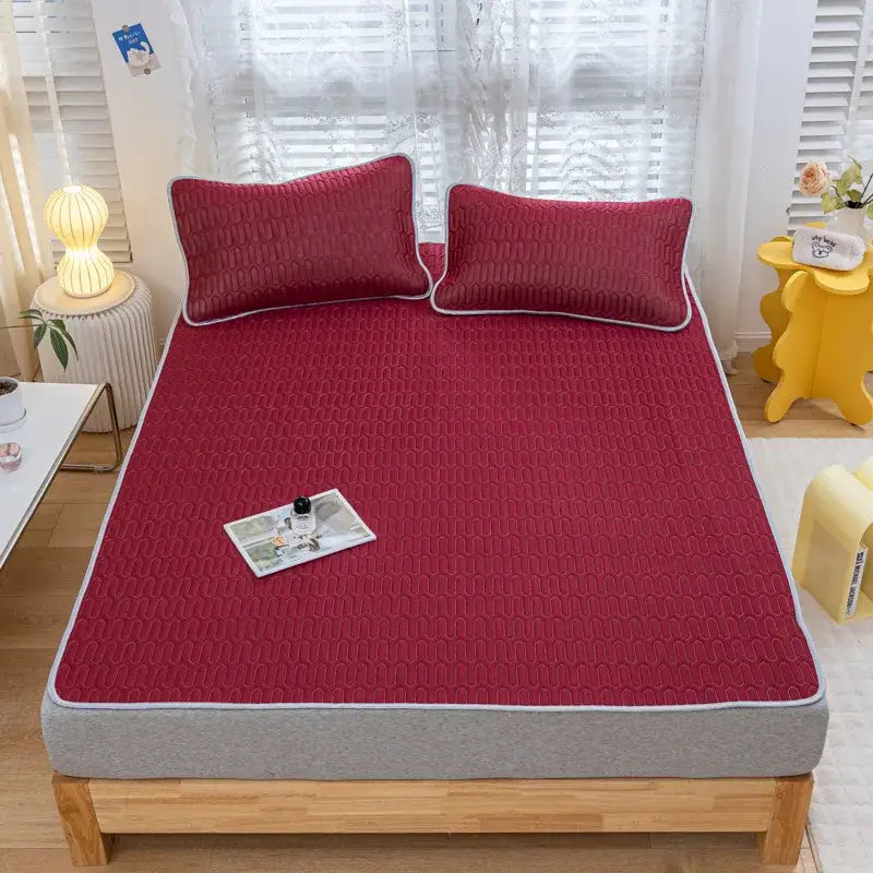 Red quilted bed pad with gray border and matching pillows from decorbites cooling latex summer mat set for bedroom decor