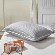 Gray quilted cotton pillowcase shield with subtle grid pattern and white piping for bedroom sweat protection decorbites cotton pillowcase