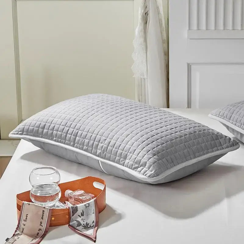 Gray quilted cotton pillowcase shield with subtle grid pattern and white piping for bedroom sweat protection decorbites cotton pillowcase