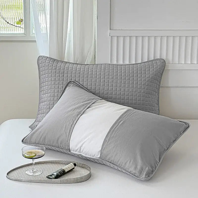 Gray quilted cotton pillowcase shield with white stripe and gray piping for bedroom sweat protection decorbites cotton pillowcase