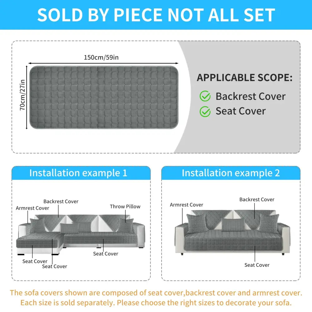 Gray quilted velvet plaid sofa cover with textured diamond pattern designed as a living room furniture protector