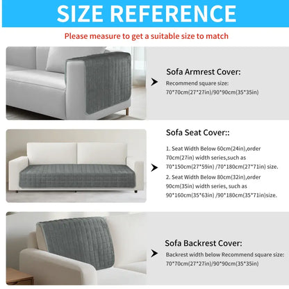 Gray quilted velvet plaid sofa armrest cover protecting living room furniture with soft textured finish