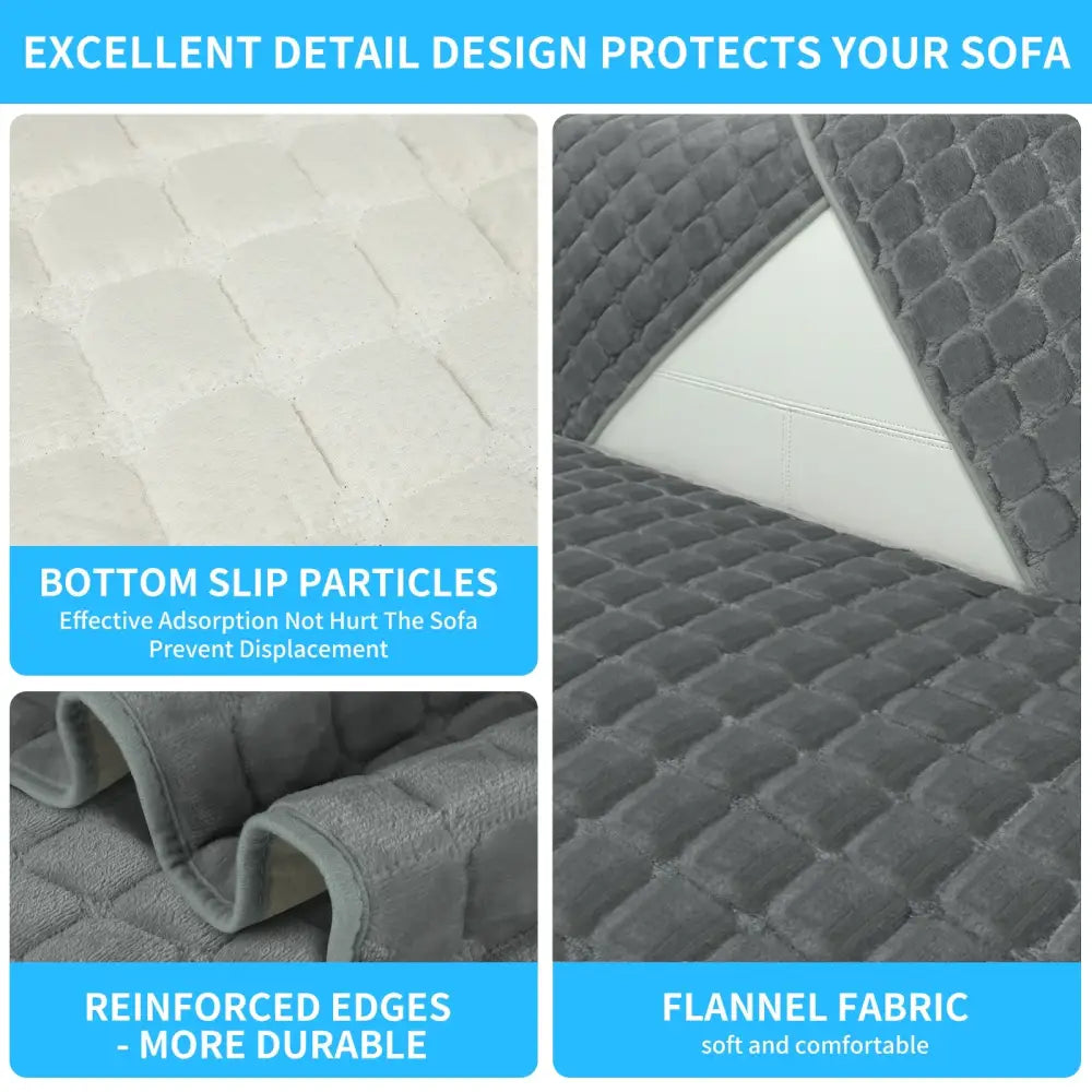 Gray quilted velvet plaid sofa cover with quilted texture and reinforced edges for living room furniture protection