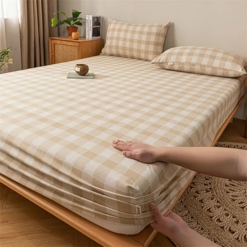 Beige and white checkered woven textured fitted sheet from gray red and black plaid cotton sheet set by decorbites coarse cloth