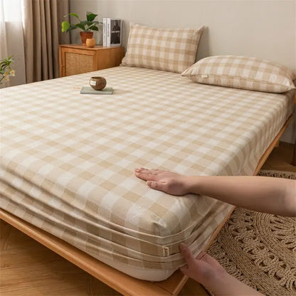Beige and white checkered fitted sheet with soft woven texture in gray red and black plaid cotton sheet set decorbites coarse cloth