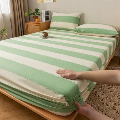 Green and white striped textured woven fabric fitted sheet from gray red black plaid cotton sheet set by decorbites coarse cloth
