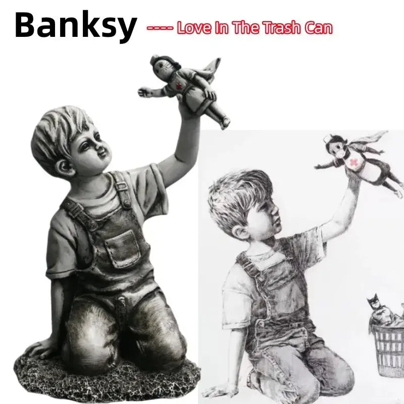Black and white gray resin super nurse angel boy statue kneeling holding a doll with wings for living room decor