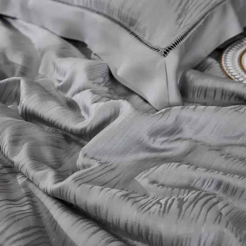 Luxurious silver-gray satin summer quilt set with subtle striped texture and elegant stitched detailing for bedroom bedding