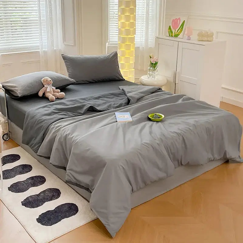 Gray satin cotton quilted duvet cover bedroom bedding set with matching pillowcases and fitted sheet by decorbites cotton quilted