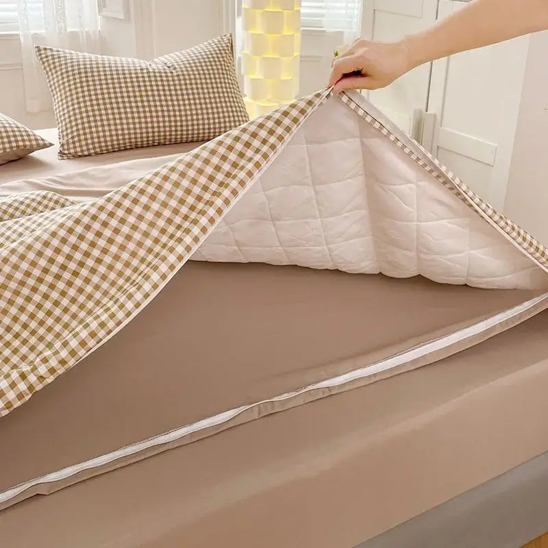 Beige and white checkered decorbites cotton quilted duvet cover with soft padded interior for bedroom bedding set