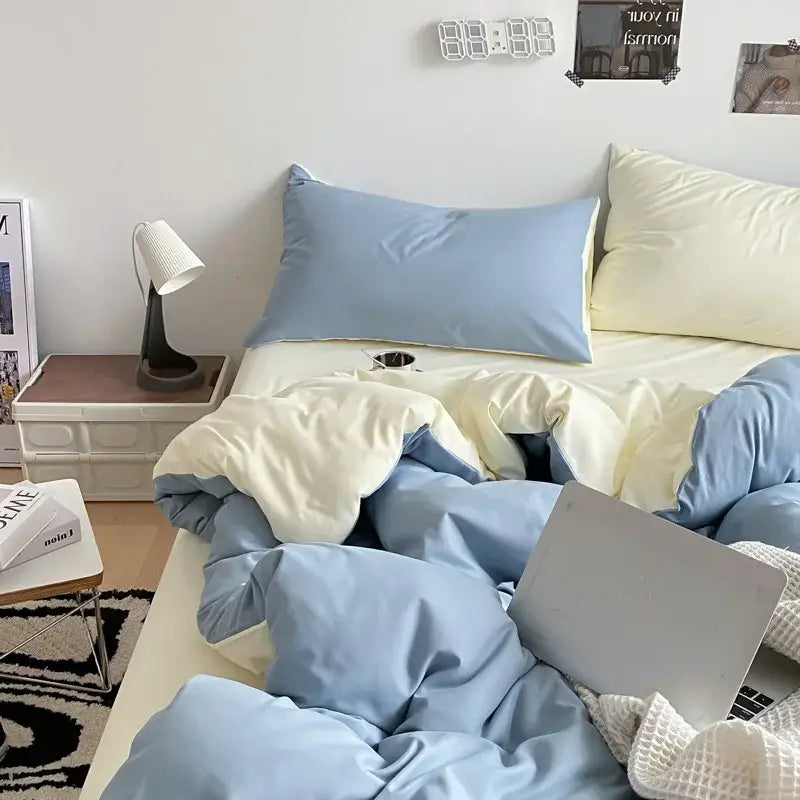 Blue and cream-colored decorbites cotton quilted duvet cover set made of soft plush fabric for bedroom bedding decor
