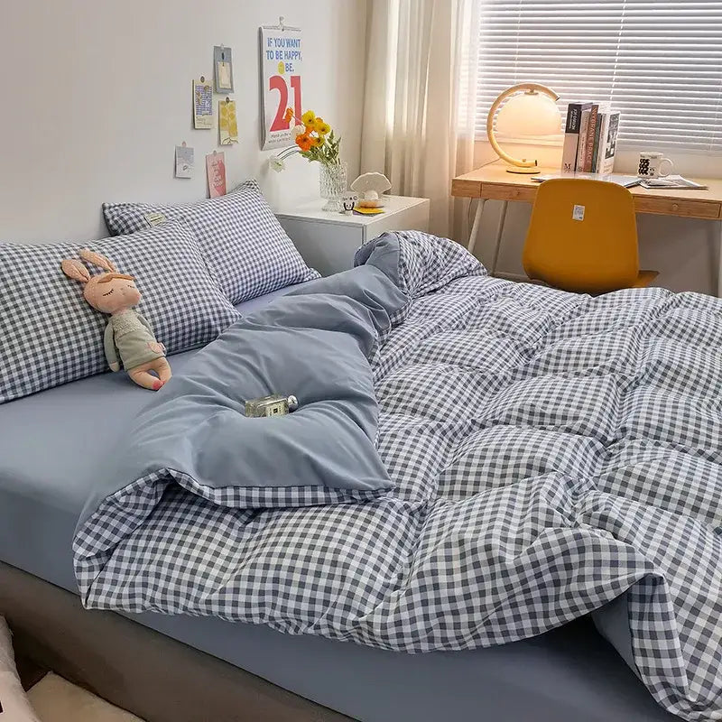 Blue and white gingham patterned soft plush decorbites cotton quilted duvet cover for bedroom bedding set